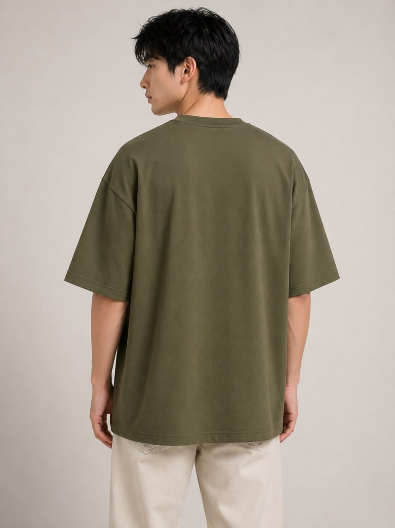 PockMAN Mens Oversized Solid Pure Cotton Terry Dark Olive Tshirt - Image 6