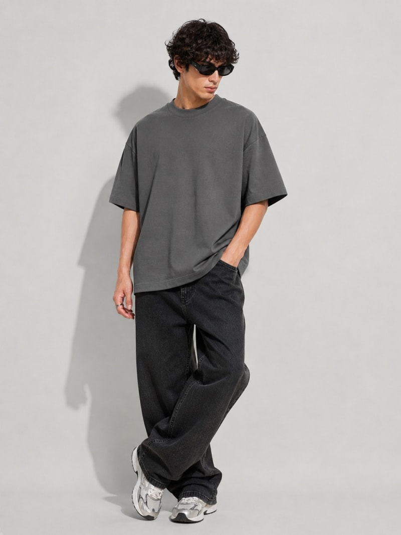 PockMAN Mens Oversized Solid Pure Cotton Terry Charcoal Grey Tshirt - Image 4