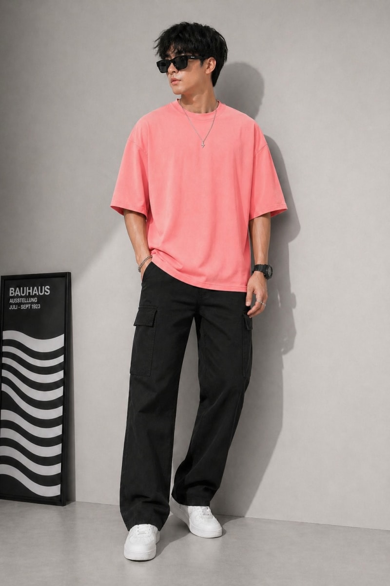 PockMAN Mens Oversized Solid Pure Cotton Terry Light Red Tshirt - Image 4