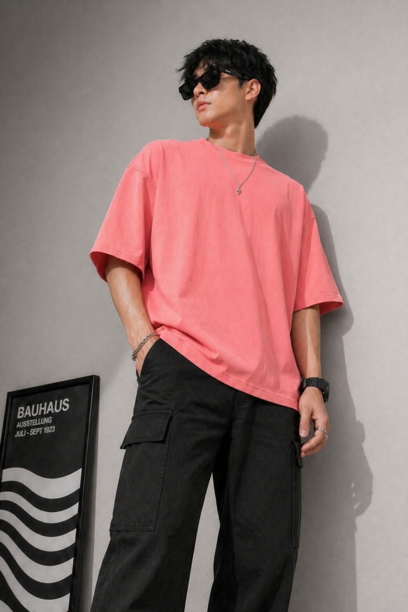 PockMAN Mens Oversized Solid Pure Cotton Terry Light Red Tshirt - Image 3
