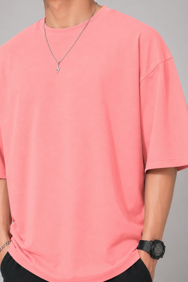 PockMAN Mens Oversized Solid Pure Cotton Terry Light Red Tshirt - Image 5