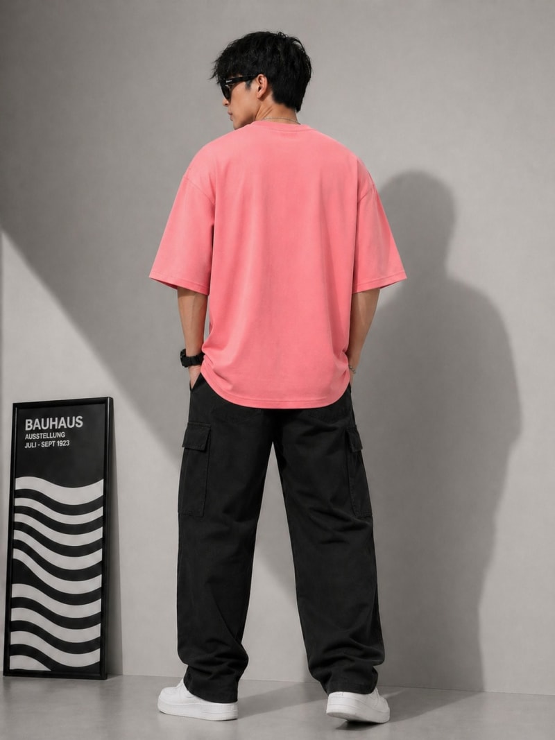 PockMAN Mens Oversized Solid Pure Cotton Terry Light Red Tshirt - Image 6