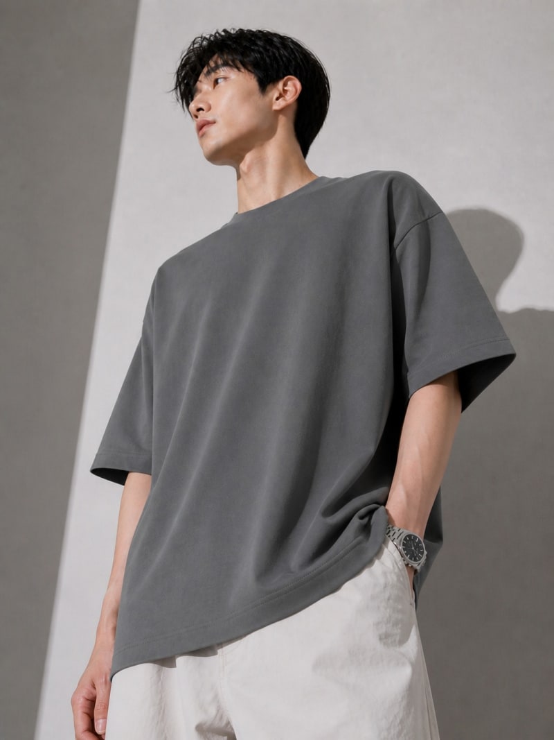 PockMAN Mens Oversized Solid Pure Cotton Terry Light Grey Tshirt - Image 3