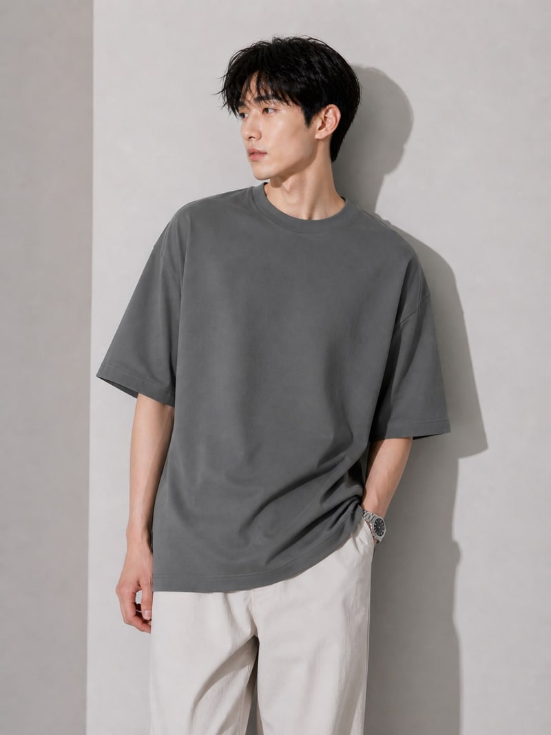 PockMAN Mens Oversized Solid Pure Cotton Terry Light Grey Tshirt - Image 4