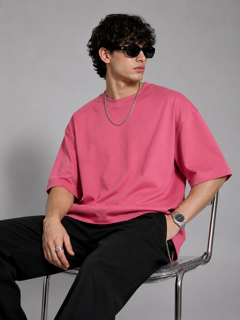 PockMAN Mens Oversized Solid Pure Cotton Terry Coral Pink Tshirt - Image 3
