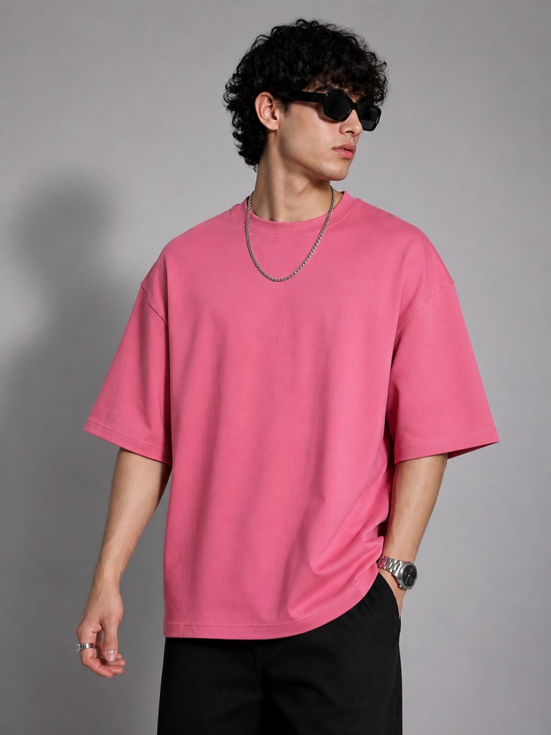PockMAN Mens Oversized Solid Pure Cotton Terry Coral Pink Tshirt - Image 4