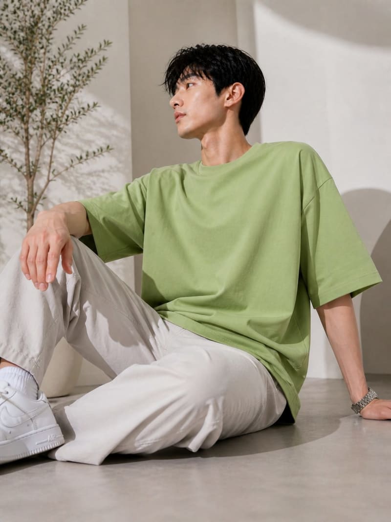 PockMAN Mens Oversized Solid Pure Cotton Terry Dull Green Tshirt - Image 3