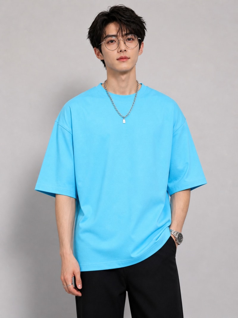 PockMAN Mens Oversized Solid Pure Cotton Terry Cloudy Blue Tshirt - Image 3