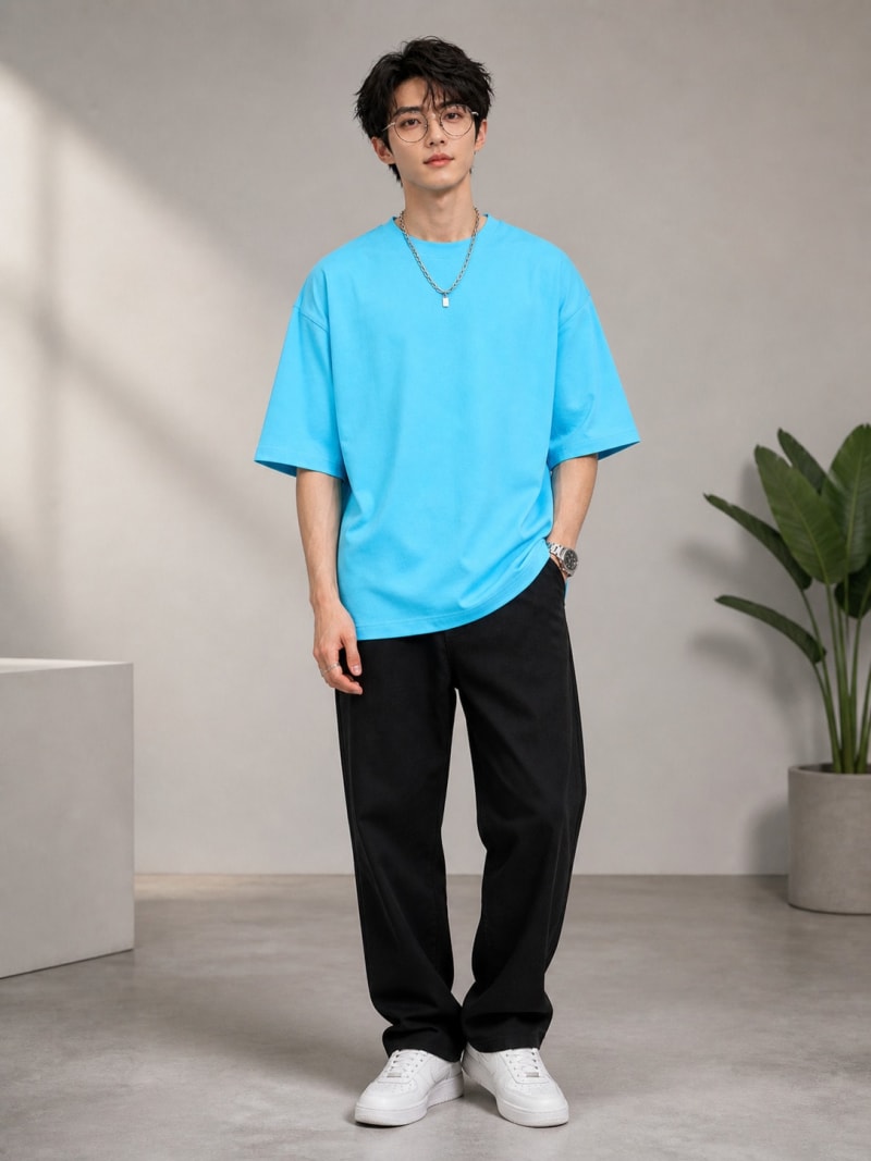 PockMAN Mens Oversized Solid Pure Cotton Terry Cloudy Blue Tshirt - Image 4