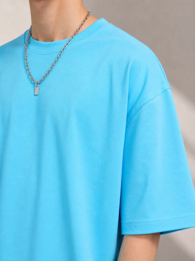 PockMAN Mens Oversized Solid Pure Cotton Terry Cloudy Blue Tshirt - Image 5