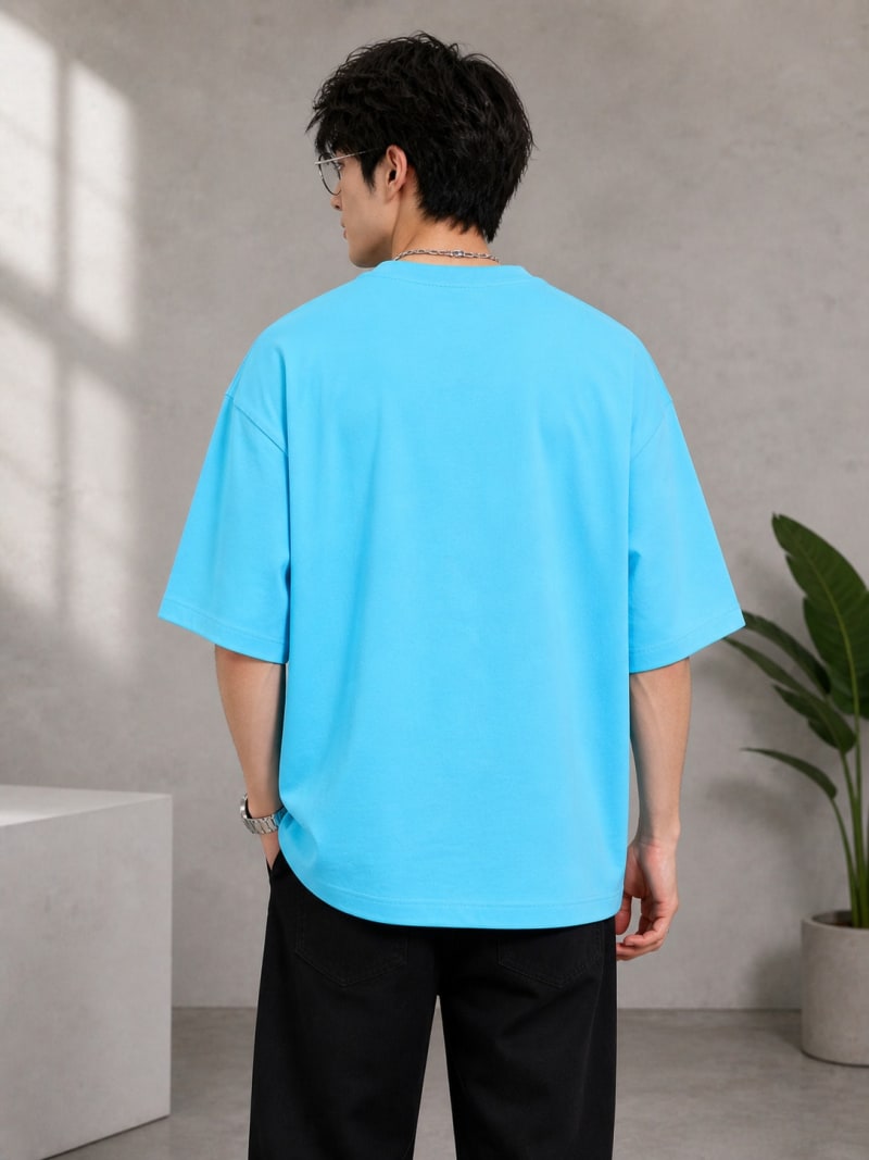 PockMAN Mens Oversized Solid Pure Cotton Terry Cloudy Blue Tshirt - Image 6