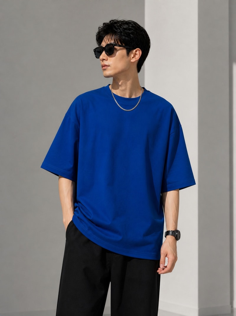 PockMAN Mens Oversized Solid Pure Cotton Terry Royal Blue Tshirt - Image 4