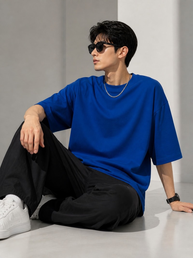 PockMAN Mens Oversized Solid Pure Cotton Terry Royal Blue Tshirt - Image 3