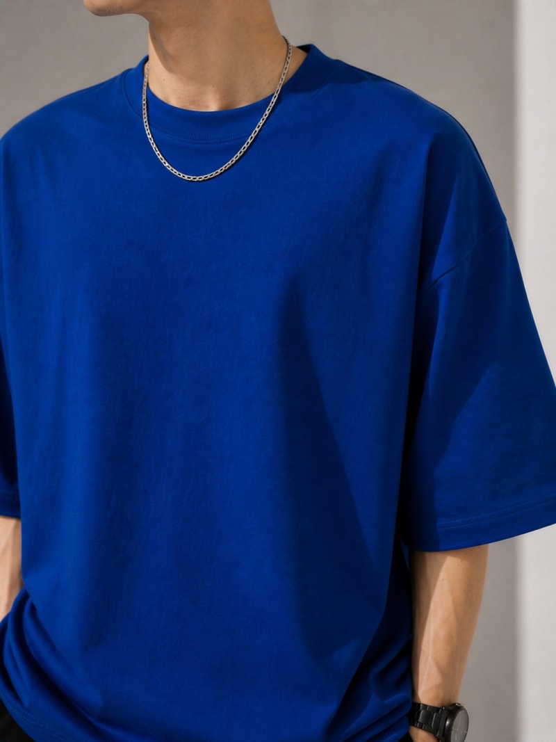 PockMAN Mens Oversized Solid Pure Cotton Terry Royal Blue Tshirt - Image 5