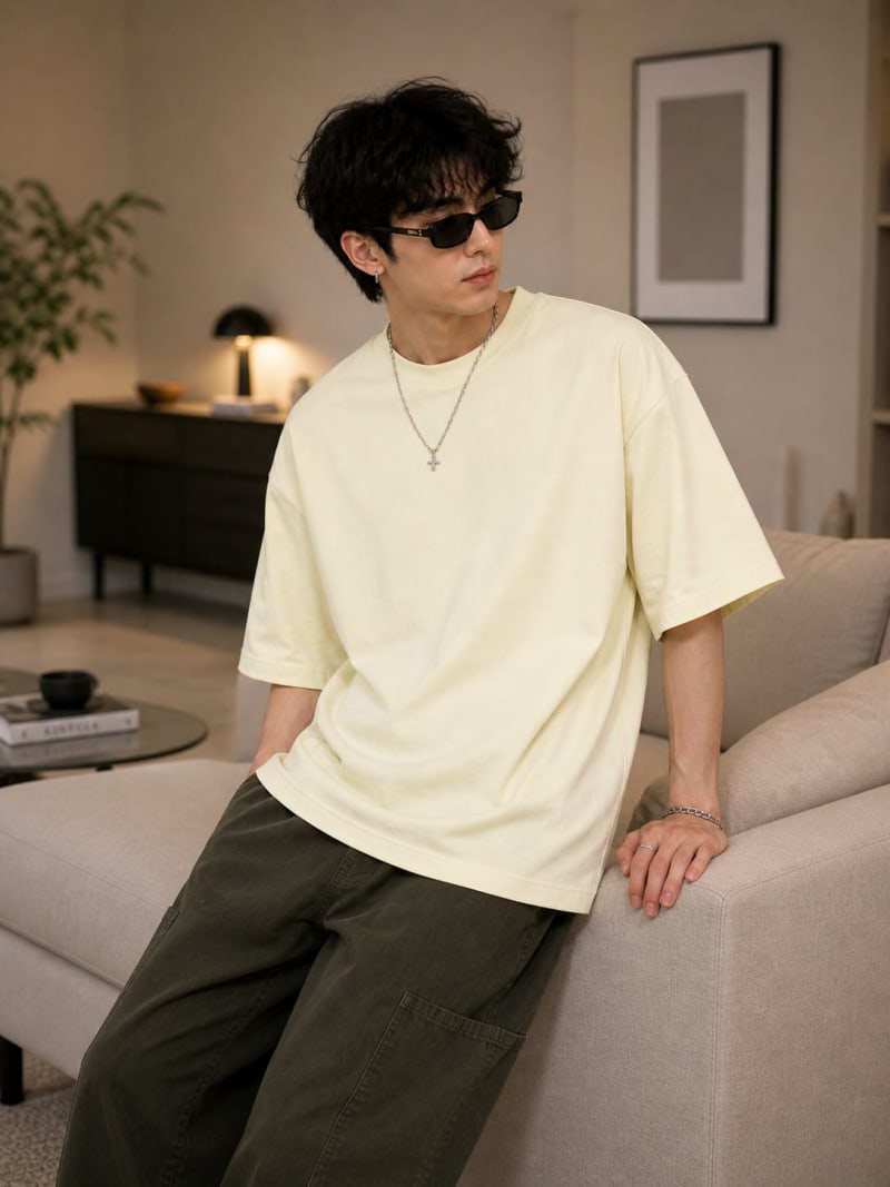 PockMAN Mens Oversized Solid Pure Cotton Terry Fawn Beige Tshirt - Image 3