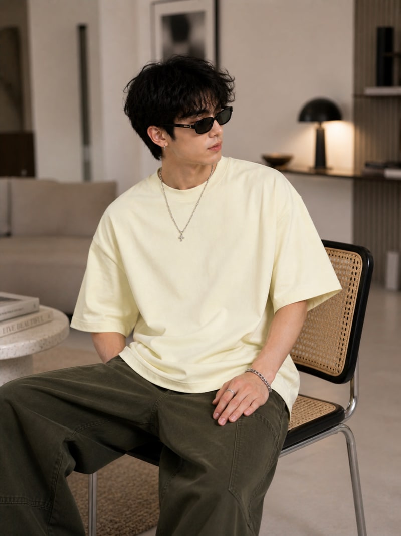 PockMAN Mens Oversized Solid Pure Cotton Terry Fawn Beige Tshirt - Image 4