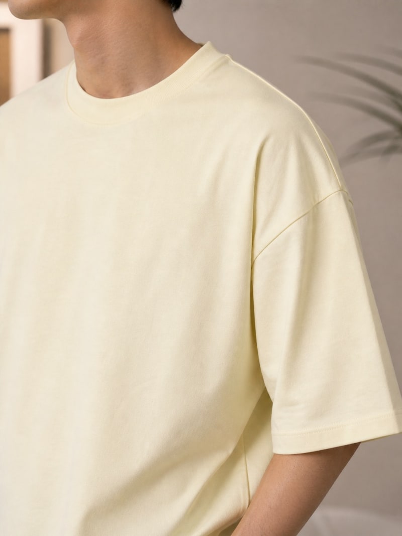 PockMAN Mens Oversized Solid Pure Cotton Terry Fawn Beige Tshirt - Image 5