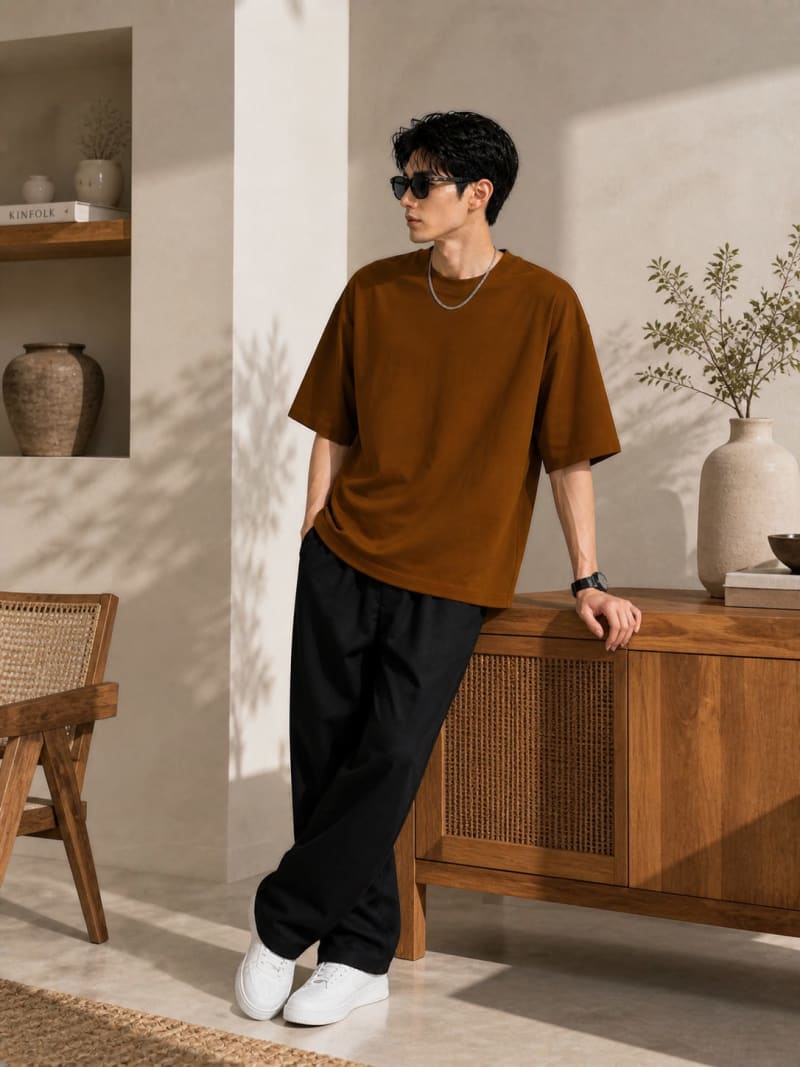 PockMAN Mens Oversized Solid Pure Cotton Terry Brown  Tshirt - Image 3