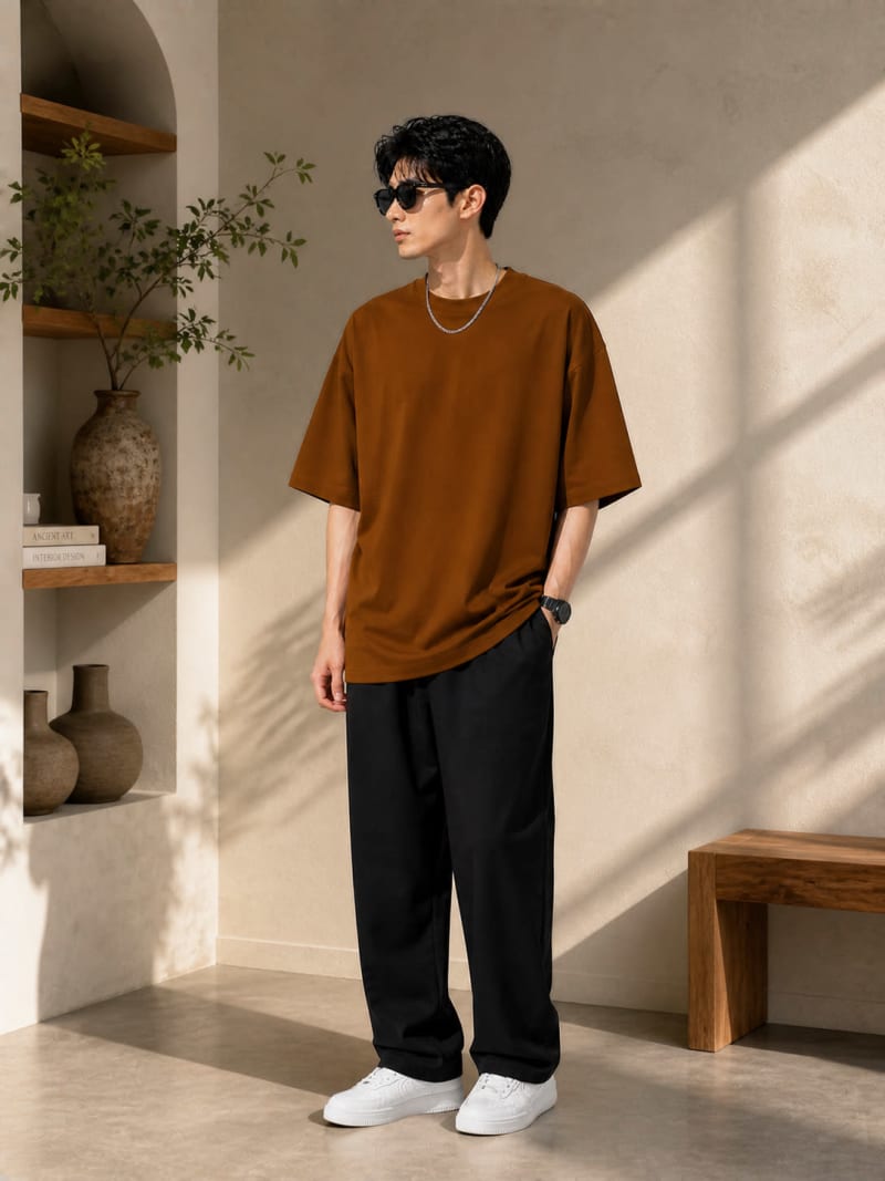 PockMAN Mens Oversized Solid Pure Cotton Terry Brown  Tshirt - Image 4