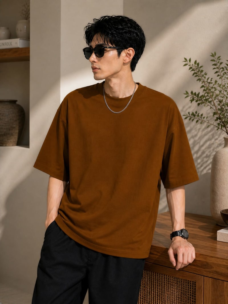 PockMAN Mens Oversized Solid Pure Cotton Terry Brown  Tshirt - Image 5