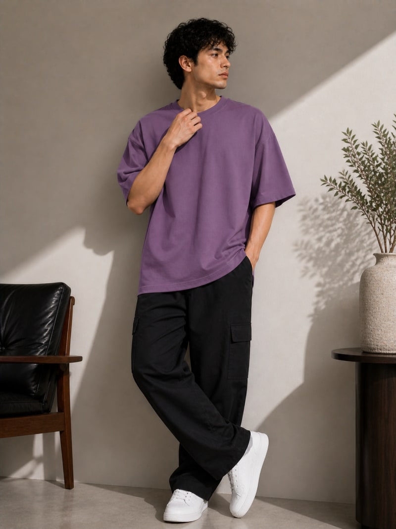 PockMAN Mens Oversized Solid Pure Cotton Terry Mauve Tshirt - Image 4