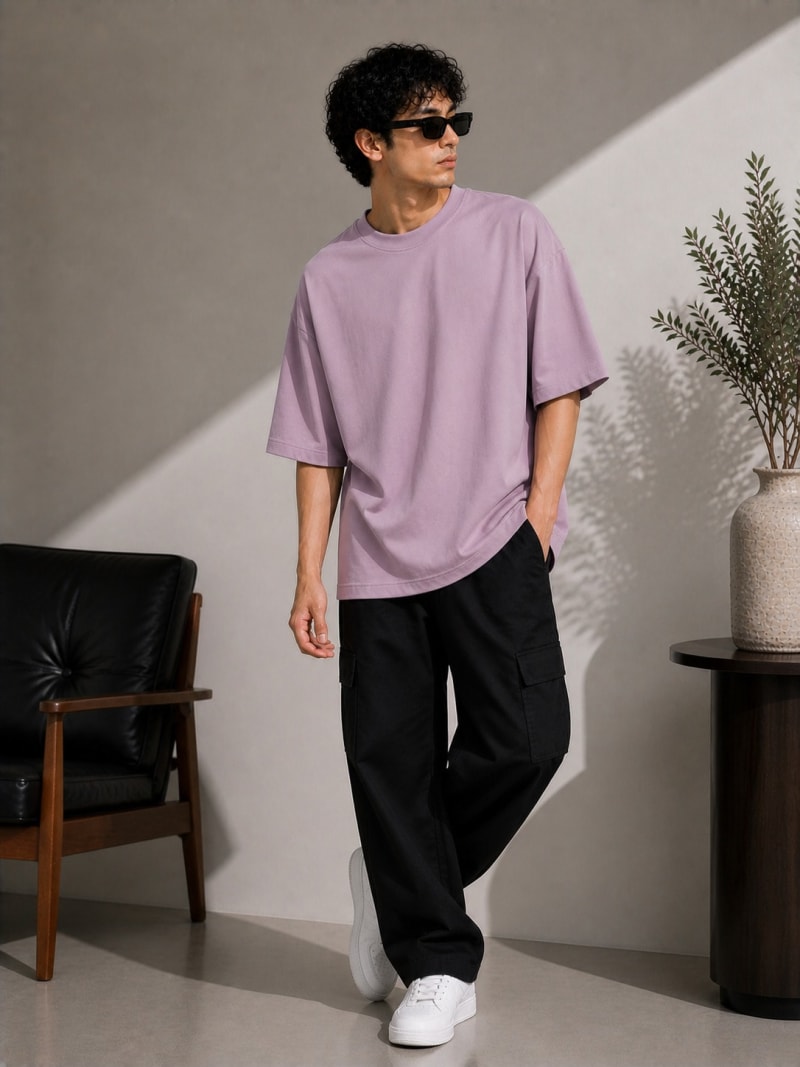 PockMAN Mens Oversized Solid Pure Cotton Terry Dusty Lavender Tshirt - Image 3