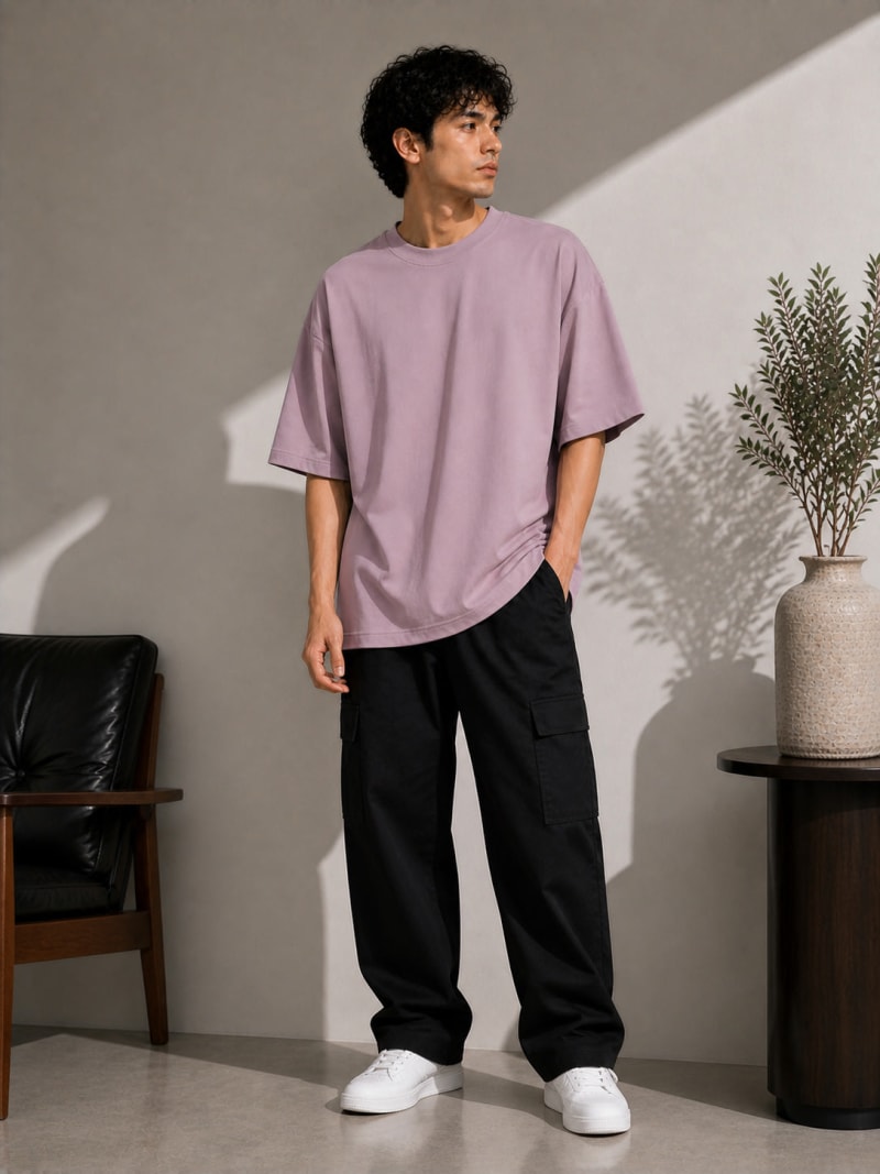 PockMAN Mens Oversized Solid Pure Cotton Terry Dusty Lavender Tshirt - Image 4