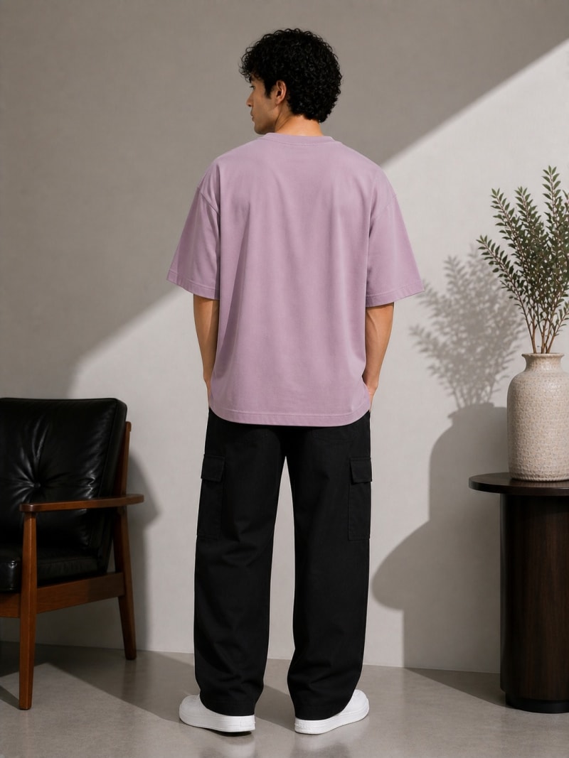 PockMAN Mens Oversized Solid Pure Cotton Terry Dusty Lavender Tshirt - Image 6