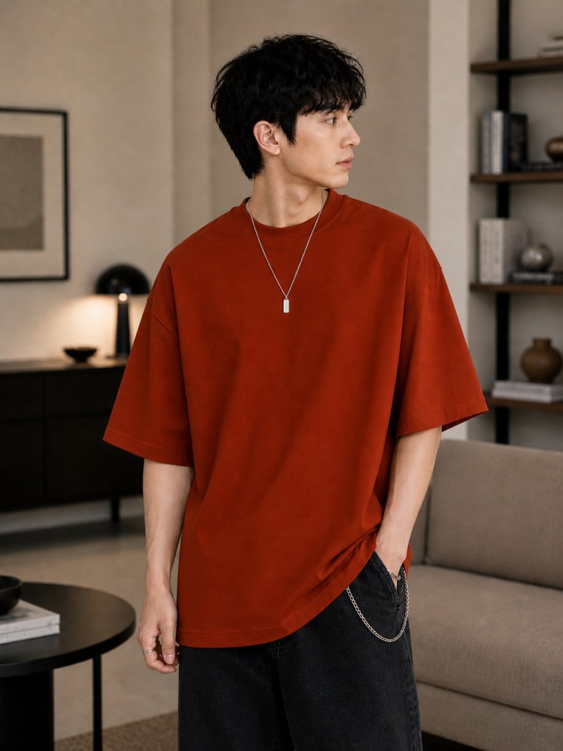 PockMAN Mens Oversized Solid Pure Cotton Terry Rust Red Tshirt - Image 3