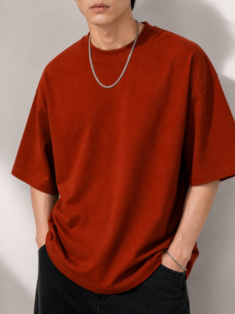 PockMAN Mens Oversized Solid Pure Cotton Terry Rust Red Tshirt - Image 5
