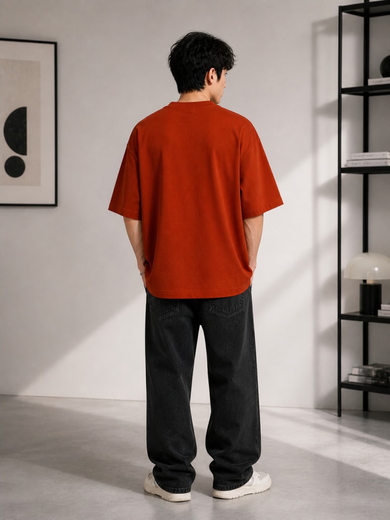 PockMAN Mens Oversized Solid Pure Cotton Terry Rust Red Tshirt - Image 6