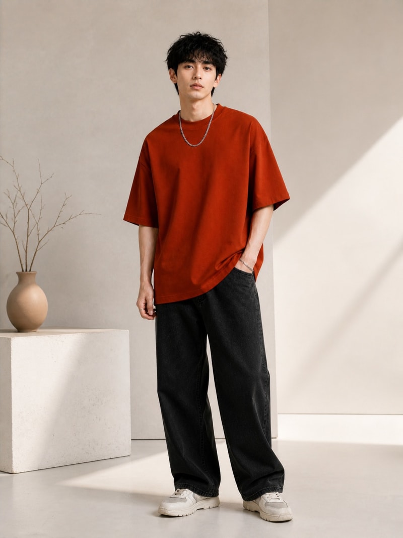 PockMAN Mens Oversized Solid Pure Cotton Terry Rust Red Tshirt - Image 4