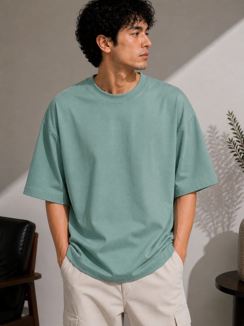 PockMAN Mens Oversized Solid Pure Cotton Terry Greyish Teal Tshirt - Image 3