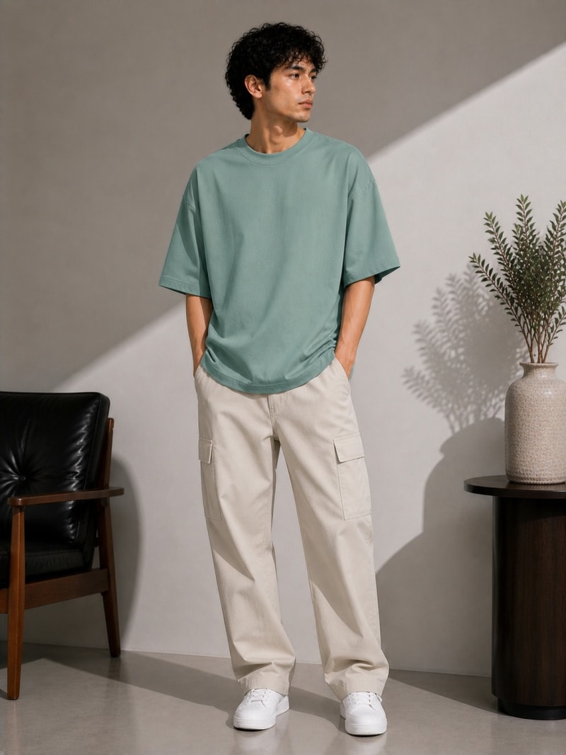 PockMAN Mens Oversized Solid Pure Cotton Terry Greyish Teal Tshirt - Image 4