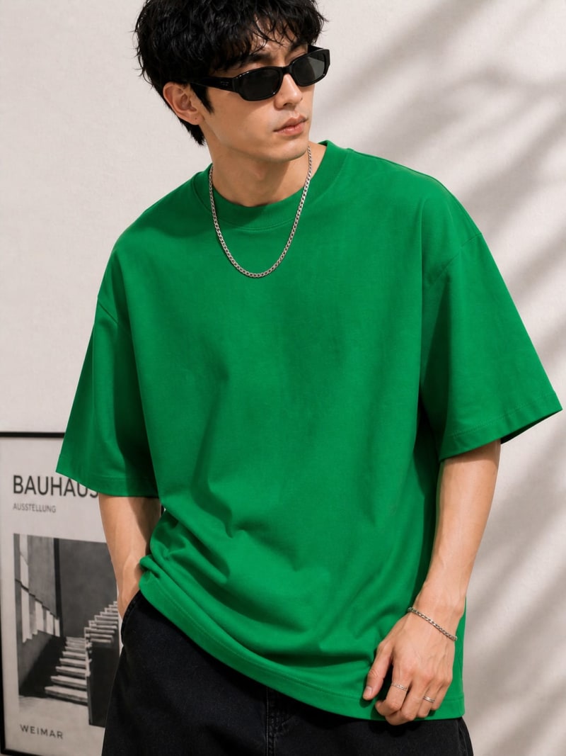 PockMAN Mens Oversized Solid Pure Cotton Terry Green Tshirt - Image 3
