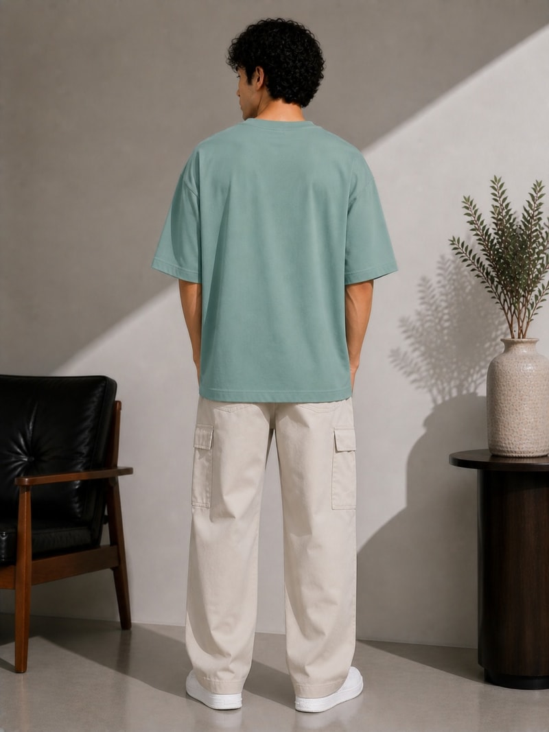 PockMAN Mens Oversized Solid Pure Cotton Terry Greyish Teal Tshirt - Image 6
