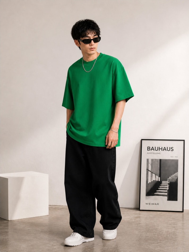 PockMAN Mens Oversized Solid Pure Cotton Terry Green Tshirt - Image 4