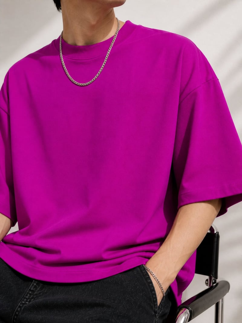PockMAN Mens Oversized Solid Pure Cotton Terry Dark Fuchsia Tshirt - Image 5