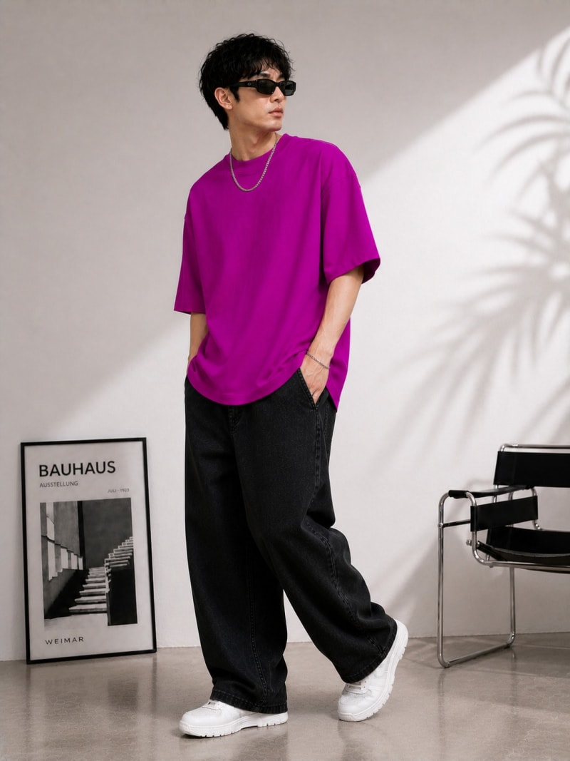 PockMAN Mens Oversized Solid Pure Cotton Terry Dark Fuchsia Tshirt - Image 3