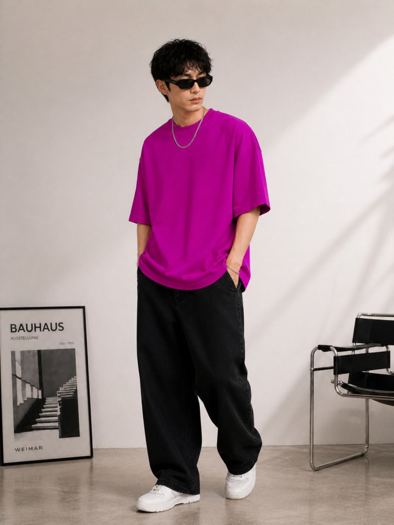PockMAN Mens Oversized Solid Pure Cotton Terry Dark Fuchsia Tshirt - Image 4