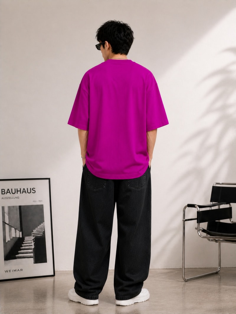 PockMAN Mens Oversized Solid Pure Cotton Terry Dark Fuchsia Tshirt - Image 6