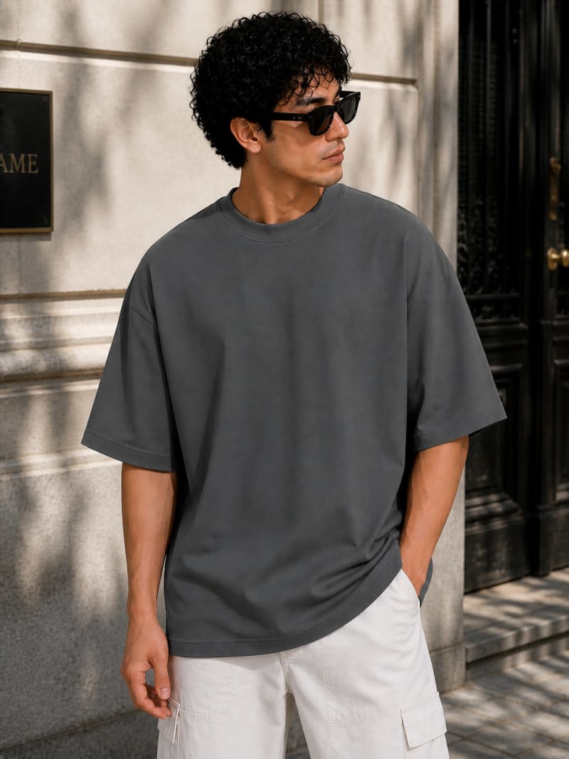 PockMAN Mens Oversized Solid Pure Cotton Terry Dark Grey Tshirt - Image 3