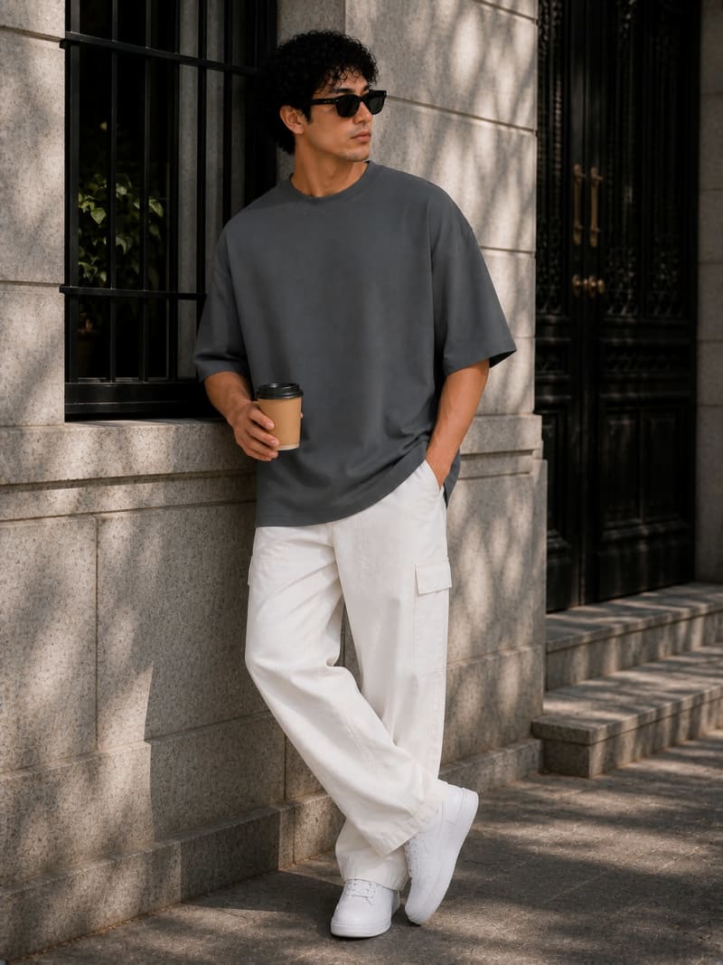 PockMAN Mens Oversized Solid Pure Cotton Terry Dark Grey Tshirt - Image 4