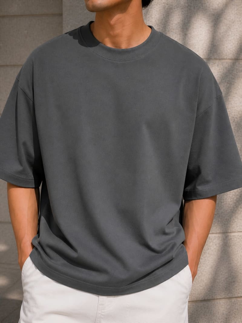 PockMAN Mens Oversized Solid Pure Cotton Terry Dark Grey Tshirt - Image 5