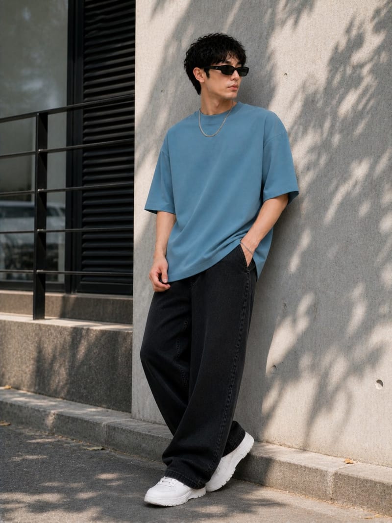 PockMAN Mens Oversized Solid Pure Cotton Terry Moonstone Blue Tshirt - Image 4