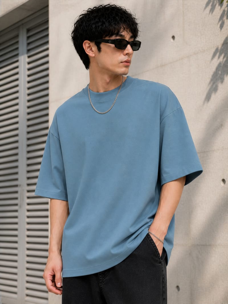 PockMAN Mens Oversized Solid Pure Cotton Terry Moonstone Blue Tshirt - Image 3