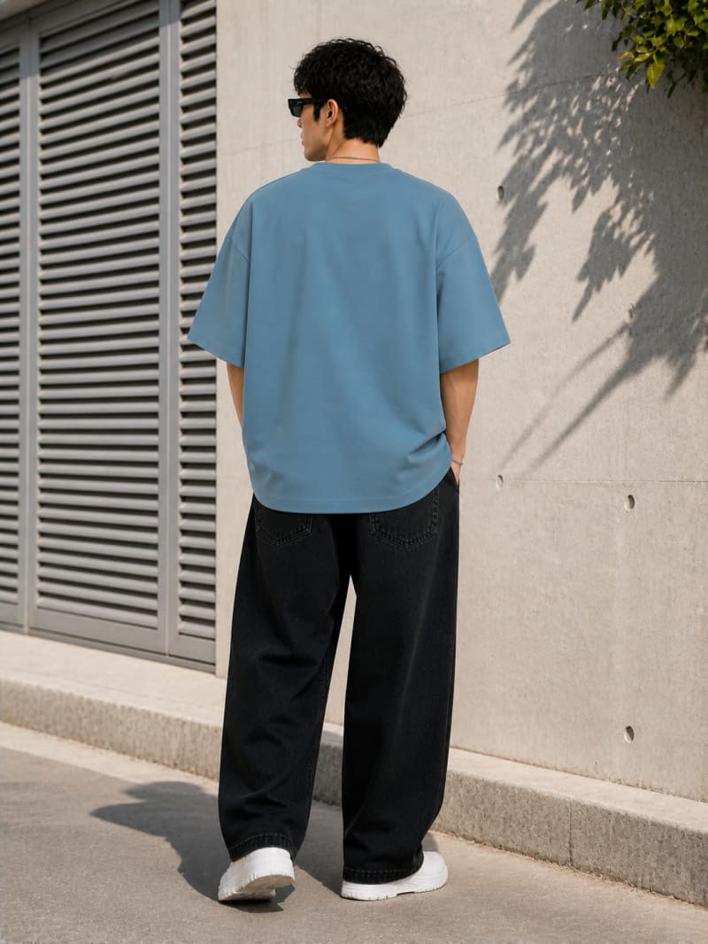 PockMAN Mens Oversized Solid Pure Cotton Terry Moonstone Blue Tshirt - Image 6