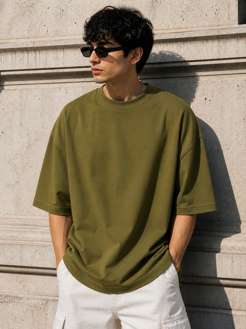 PockMAN Mens Oversized Solid Pure Cotton Terry Olive Tshirt - Image 3