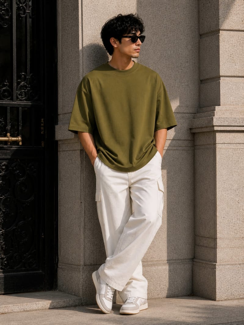 PockMAN Mens Oversized Solid Pure Cotton Terry Olive Tshirt - Image 4