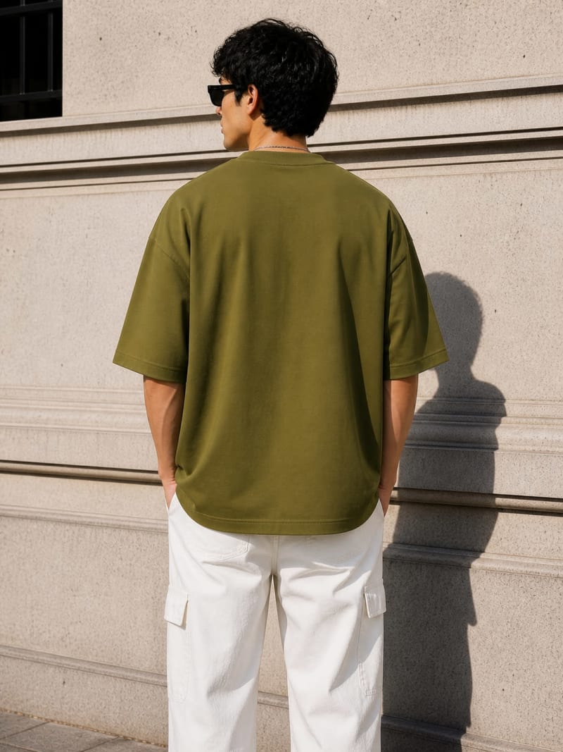 PockMAN Mens Oversized Solid Pure Cotton Terry Olive Tshirt - Image 6